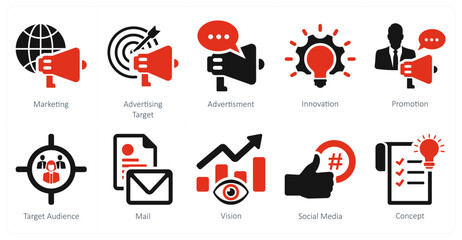 A set of 10 branding icons as marketing, advertising target, advertisement