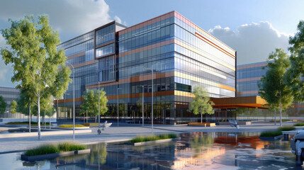 Obraz premium A large building with a lot of glass windows and a green tree in front of it