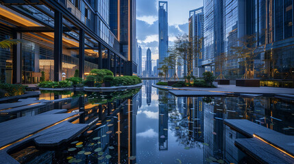 A tranquil oasis nestled within a canyon of glass and steel, its towering skyscrapers reflecting...