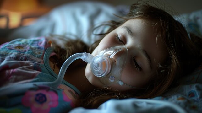 Girl 5 years wearing oxygen mask sleeping in bed, recovering after sickness in hospital ward. ICU room. copy space for text.