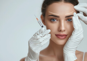 A woman getting Botox or dermal filler needle treatment on her face with lines drawn in white gloves and a syringe for skin