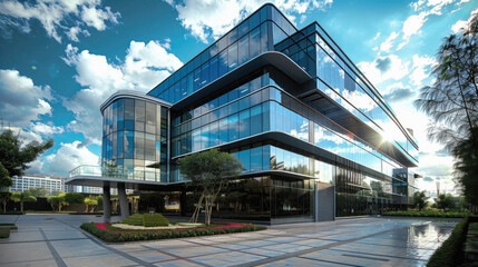 Obraz premium A large glass building with a green roof and a large glass window