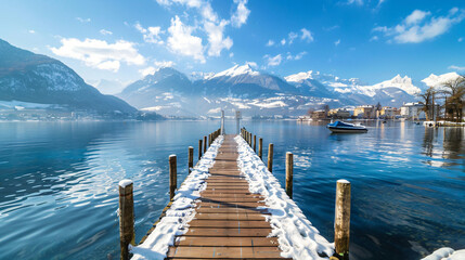Wooden pier on Annecy lake in winter. Alps mountains 