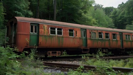 Obraz premium an apocalyptic train, desolate and overrun by nature, in rust red and forest green color palette, set against an overgrown railway background