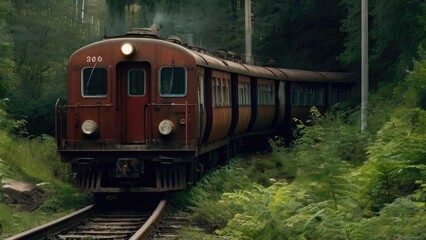 Obraz premium an apocalyptic train, desolate and overrun by nature, in rust red and forest green color palette, set against an overgrown railway background