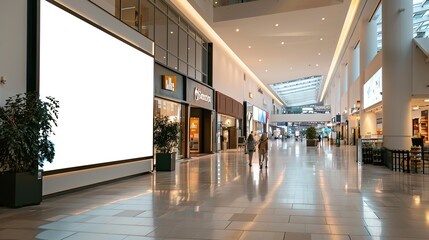 Indoor shopping mall advertising billboard, large video promotion LED white screen in public space area. copy space for text.