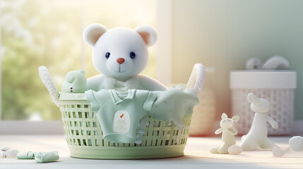 White baby bear sitting in the basket and feel happy there with the playing background
