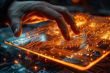 A hand is touching a glowing circuit board. Concept of curiosity and wonder as the viewer imagines the intricate workings of the electronic device