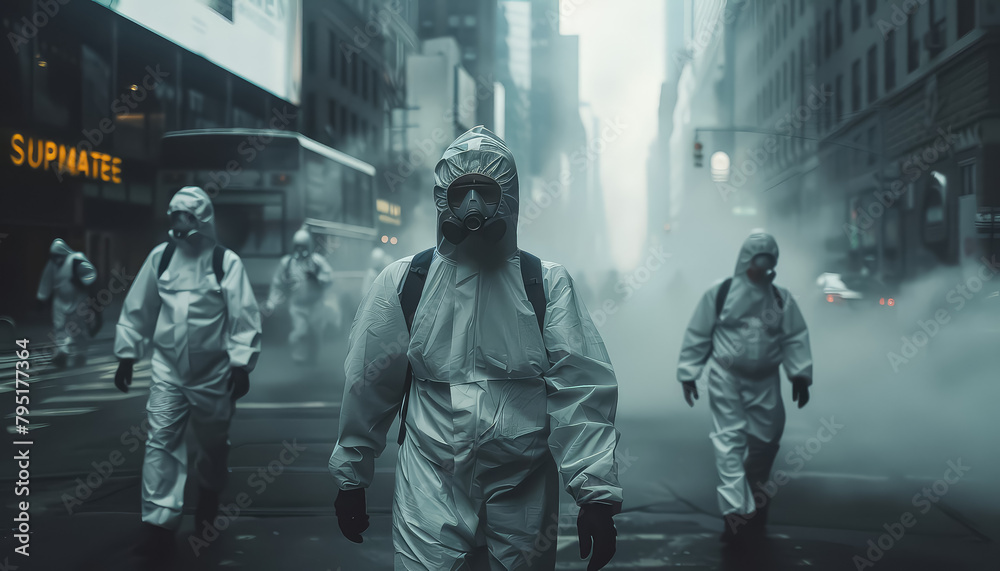 Canvas Prints A group of people in hazmat suits walk down a street