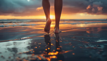 A woman's feet are in the water at sunset