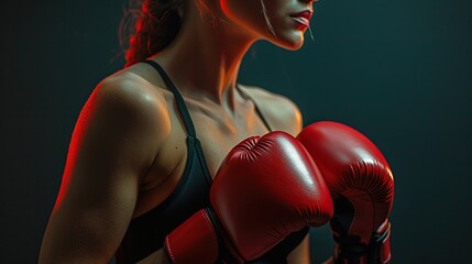 Kickboxing woman in activewear and red kickboxing gloves. copy space for text.