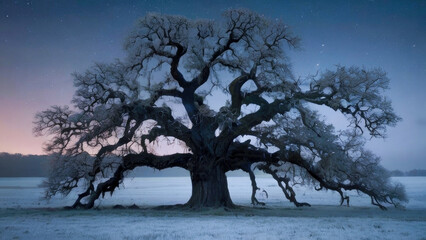 Ancient oak tree with sprawling branches frozen in time