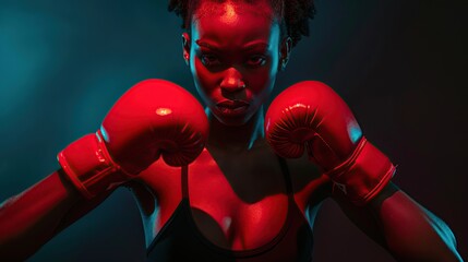 Kickboxing woman in activewear and red kickboxing gloves. copy space for text.