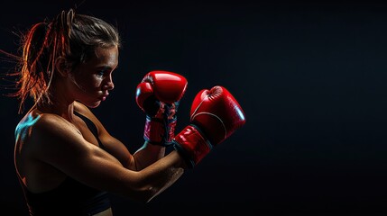Kickboxing woman in activewear and red kickboxing gloves. copy space for text.
