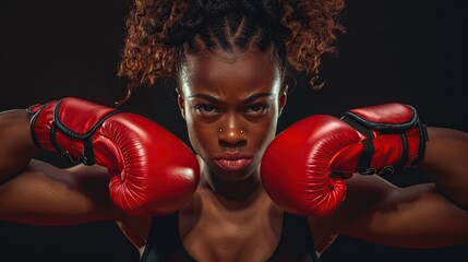 Kickboxing woman in activewear and red kickboxing gloves. copy space for text.
