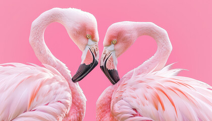 Two pink flamingos are standing close to each other, their heads touching