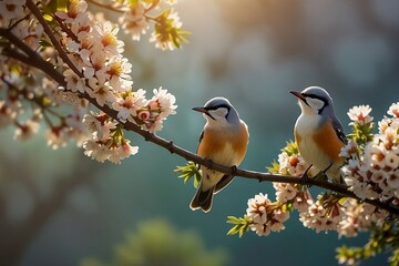 Close-up of birds perching on branch with flowers . - Powered by Adobe