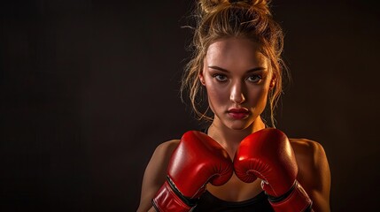 Kickboxing woman in activewear and red kickboxing gloves. copy space for text.