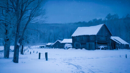 The sleeping village, frozen in time, captured by the icy white raw, untamed, and shadowy indigo unyielding force of a cold