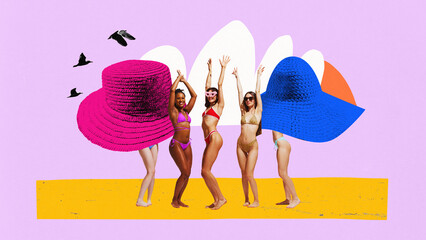 Poster. Contemporary art collage. Group of young women, in swimsuits dancing against abstract beach background. Artwork. Concept of parties, fun and joy, holidays, summer, travelling, pop art. Ad