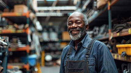 Smiling and laughing African middle aged man in a hardware warehouse standing selects a repair tool. copy space for text.