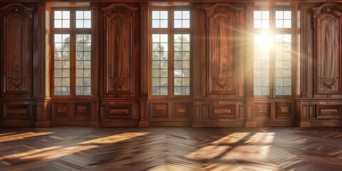  empty room with dark wood paneling and window, Luxury wood paneling background or texture. highly crafted classic or traditional wood paneling, with a frame pattern - obrazy, fototapety, plakaty