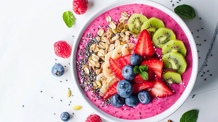A vibrant smoothie bowl topped with sliced fruits, nuts, and seeds, creating a visually enticing and nutritious breakfast option on a simple white backdrop.