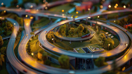 A miniature model of a city street with a large round curve