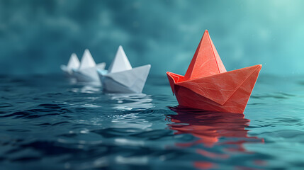 A group of white paper ships in one direction and one red paper ship pointing in different ways on a blue background. Business for innovative solution concept.