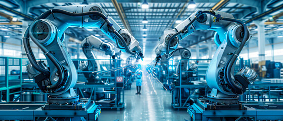 Robotic Automation in Manufacturing, Industrial Robots at Work in an Automotive Factory