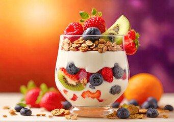 Greek yogurt parfait with fresh berries and granola in glass. Granola with yogurt and nuts. Healthy breakfast concept