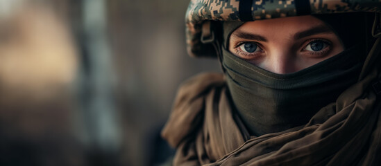 Female soldier's eyes, showing determination, with a helmet and tactical scarf partially obscuring her face.