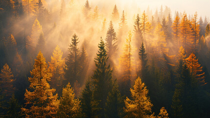 Yellow autumn forest in the mountains at sunset. 