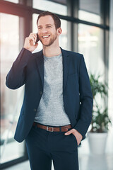 Happy, businessman and laughing with phone call for communication, funny joke or comedy at office. Man or employee with smile on mobile smartphone for friendly conversation or discussion at workplace