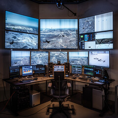 Drone Pilot's Command Center: Monitors on Walls with Control Setup