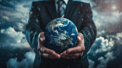 Man in a suit cradling a glowing Earth in his hands, representing care and global responsibility.