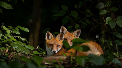 Two red foxes lie in the underbrush, their attentive gaze peeking through the greenery in their natural habitat.