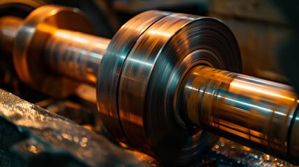Close-up of industrial machinery parts in motion, with a dynamic blur conveying the speed of the moving components.