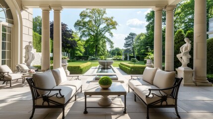 Obraz premium Elegant neoclassical terrace with luxurious decor and serene garden views