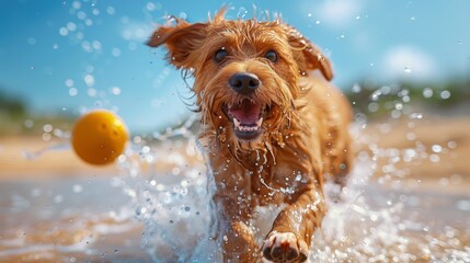 Joyful Dog Chasing Ball at the Beach	
