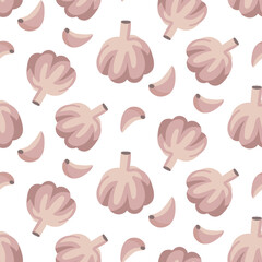 A pattern of garlic whole and in slices, showing the different sizes and orientation of garlic in a repetitive design. Spice. Use for packaging to show the taste. Seamless texture