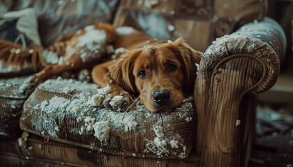 A dog is laying on a couch covered in snow