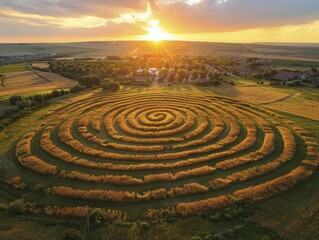An intricate pattern emerges in the fields near a quaint town as the morning sun creates elongated silhouettes.