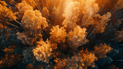 Yellow autumn trees in a forest at sunset. Aerial top