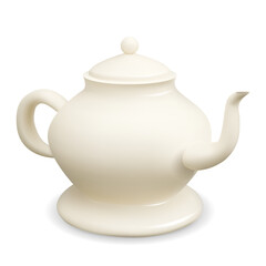 Vector realistic 3D illustration of a white porcelain teapot isolated from the background. Homemade teakettle. Crockery on white background