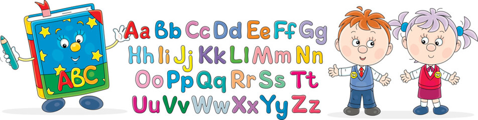 Funny cartoony ABC book with colorful letters of alphabet and happy little schoolchildren at English lesson in elementary school, vector cartoon illustration isolated on a white background