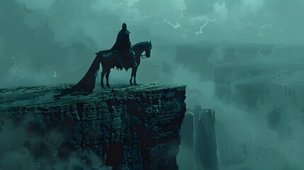 A solitary knight astride a horse stands on the precipice, gazing into a vast abyss, surrounded by ethereal mists and broken landscapes, Digital art style, illustration painting.