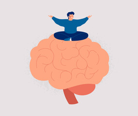 Happy man sitting on big Human Brain. Male person has healthy mind and mental wellbeing. Positive thinking and Mental illness prevention concept.`Vector illustration