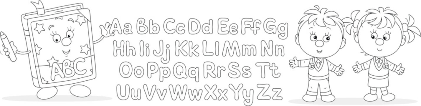 Funny cartoony ABC book with letters of alphabet and happy little schoolchildren at English lesson in elementary school, black and white outline vector illustration for a coloring book