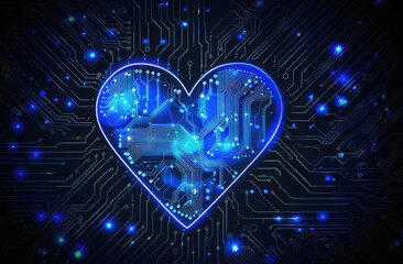 vector circuit board heart, blue glowing on dark background